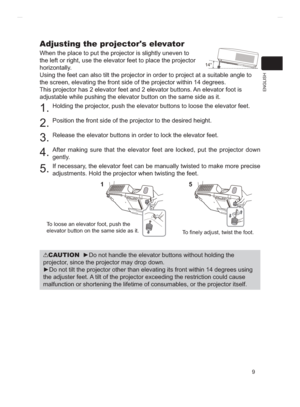 Page 839
ENGLISH
Adjusting the projector's elevator
When the place to put the projector is slightly uneven to 
the left or right, use the elevator feet to place the projector 
horizontally. 
Using the feet can also tilt the projector in order to project at a suitable angle to 
the screen, elevating the front side of the projector within 14 degrees.
This projector has 2 elevator feet and 2 elevator buttons. An elevator foot is 
adjustable while pushing the elevator button on the same side as it.
1.Holding...