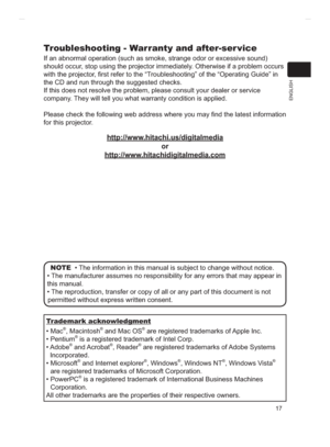 Page 9117
ENGLISH
Troubleshooting - Warranty and after-ser vice
If an abnormal operation (such as smoke, strange odor or excessive sound) 
VKRXOGRFFXUVWRSXVLQJWKHSURMHFWRULPPHGLDWHO\2WKHUZLVHLIDSUREOHPRFFXUV
ZLWKWKHSURMHFWRU