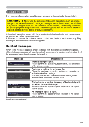 Page 11311 3
Troubleshooting
Troubleshooting
If an abnormal operation should occur, stop using the projector immediately.
Otherwise if a problem occurs with the projector, the following checks and measures are 
recommended before requesting repair. 
If this does not resolve the problem, please contact your dealer or service company. They 
will tell you what warranty condition is applied.
►Never use the projector if abnormal operations such as smoke, 
strange odor, excessive sound, damaged casing or elements or...