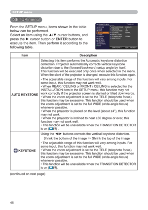 Page 4646
SETUP menu
SETUP menu
From the SETUP menu, items shown in the table 
below can be performed.
Select an item using the ▲/▼ cursor buttons, and 
press the ► cursor button or ENTER button to 
execute the item. Then perform it according to the 
following table.
Item Description
AUTO KEYSTONE Selecting this item performs the Automatic keystone distortion 
correction. Projector automatically corrects vertical keystone 
distortion due to the (forward/backward) setup angle by itself.
This function will be...