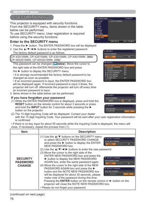 Page 7878
SECURITY menu
(continued on next page) This projector is equipped with security functions.
From the SECURITY menu, items shown in the table 
below can be performed.
To use SECURITY menu: User registration is required 
before using the security functions.
Enter to the SECURITY menu
1.  Press the ► button. The ENTER PASSWORD box will be displayed.  
2.  Use the ▲/▼/◄/► buttons to enter the registered password. 
    The factory default password is as follows.
    
    
    This password can be changed...