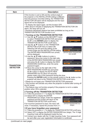 Page 8181
SECURITY menu
Item Description
TRANSITION 
DETECTOR
If this function is set to ON and the vertical angle of 
the projector or the INSTALLATION setting is different 
from the previous recorded setting, the TRANSITION 
DETECTOR ON alarm will be displayed and the input 
signal will not be displayed.
• To display the signal again, set this function OFF.
• After about 5 minutes of displaying the TRANSITION DETECTOR ON 
alarm, the lamp will turn off.
• Keystone adjustment feature has been prohibited as long...