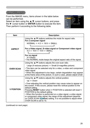 Page 29
9

IMAGE menu
IMAGE menu
From the IMAGE menu, items shown in the table below 
can be performed.
Select an item using the ▲/▼ cursor buttons, and press 
the ► cursor button or ENTER button to execute the item. 
Then perform it according to the following table.
ItemDescription
ASPECT
Using the ▲/▼ buttons switches the mode for aspect ratio. For a computer signal
NORMAL ó 4:3 ó 16:9 ó SMALL         
For a Video signal, S-video signal or Component video signal4:3 ó 16:9 ó 14:9 ó SMALL     
For no...