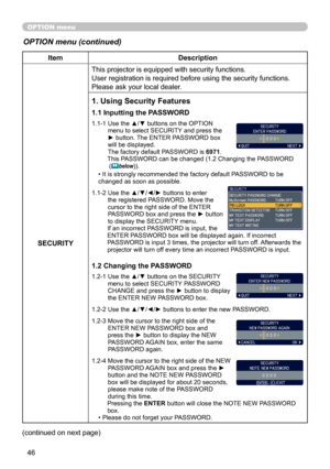 Page 46
46

OPTION menu
OPTION menu (continued)
ItemDescription
SECURITY
This projector is equipped with security functions.
User registration is required before using the security functions.
Please ask your local dealer.
1. Using Security Features
1.1 Inputting the PASSWORD
1.1-1  Use the ▲/▼ buttons on the OPTION menu to select SECURITY and press the ► button. The ENTER PASSWORD box will be displayed. The factory default PASSWORD is 6971. This PASSWORD can be changed (1.2 Changing the PASSWORD  (below)). 
•...