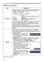 Page 38
38

ItemDescription
START UP
Using the ▲/▼ buttons switches the mode for the start-up screen.The start-up screen is a screen displayed when no signal or an unsuitable signal is detected.
MyScreen ó ORIGINAL ó TURN OFF          
Feature
MyScreenScreen can be registered by the MyScreen item (below).
ORIGINALScreen preset as the standard screen.
TURN OFFPlain black screen.
• To avoid remaining as an afterimage, the MyScreen or ORIGINAL screen will change to the BLANK screen (37) after several minutes. If...