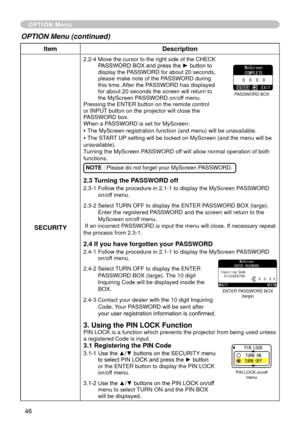 Page 46
46

ItemDescription
SECURITY
.-4  Move the cursor to the right side of the CHECK PASSWORD BOX and press the ► button to display the PASSWORD for about  0 seconds, please make note of the PASSWORD during this time. After the PASSWORD has displayed for about 0 seconds the screen will return to the MyScreen PASSWORD on/off menu.Pressing the ENTER button on the remote control or INPUT button on the projector will close the PASSWORD box.When a PASSWORD is set for MyScreen:
• The MyScreen...