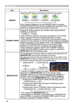 Page 3636
SETUP menu
ItemDescription
MIRROR Using the ▲/▼ buttons switches the mode for mirror status.
NORMAL 
ó H:INVERT 
ó V:INVERT 
ó H&V:INVERT
     
If the Transition Detector is on and MIRROR status is changed, 
TRANSITION DETECTOR ON alarm ( 59) will be displayed when 
projector is restarted after the AC power is turned off.
STANDBY MODE Using ▲/▼ buttons switches the standby mode setting between 
NORMAL and SAVING. 
NORMAL  ó SAVING
When SAVING is selected, the power consumption in the standby 
mode is...