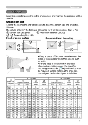 Page 77
Setting up
Install the projector according to the environment and manner the projector will be 
used in.
Arrangement
Refer to the illustrations and tables below to determine screen size and projection 
distance.
The values shown in the table are calculated for a full size screen: 1024 x 768
  a  Screen size (diagonal)   b  Projection distance (±10%)
 c1 , c2  Screen height (±10%)
On a horizontal surface
Suspended from the ceiling
• Keep a space of 30 cm or more between the 
sides of the projector and...