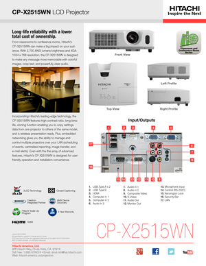 Page 3CP-X2515WN LCD Projector
Long-life reliability with a lower 
total cost of ownership.
From classrooms to conference rooms, Hitachi’s  
CP-X2515WN can make a big impact on your aud- 
ience. With 2,700 ANSI lumens brightness and XGA 
1024 x 768 resolution, the CP-X2515WN is designed 
to make any message more memorable with colorful 
images, crisp text, and powerfully clear audio. 
Incorporating Hitachi’s leading-edge technology, the 
CP-X2515WN features high contrast ratio, long lamp 
life, cloning...