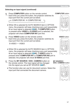 Page 2617
VIDEODOC.CAMERA
KEYSTONE
ASPECT SEARCH
BLANK
MUTE
MY BUTTON
POSITION
12
MENU
COMPUTERMY SOURCE/AUTO
MAGNIFYPAGE
      UPVOLUME
DOWNo ONOFF
9× FREEZE
Operating
1.Press VIDEO button on the remote control.  
Each time you press the button, the projector switches its 
input port from the current port as below. Selecting an input signal (continued)
●  
While ON is selected for AUTO SEARCH item in OPTION 
menu, the projector will keep checking every port sequentially 
till an input signal is detected (...