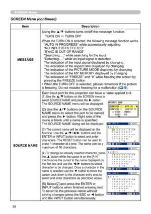 Page 36
36

SCREEN Menu
ItemDescription
MESSAGE
Using the ▲/▼ buttons turns on/off the message function.
TURN ON ó TURN OFF
When the TURN ON is selected, the following message function works.“AUTO IN PROGRESS” while automatically adjusting“NO INPUT IS DETECTED”“SYNC IS OUT OF RANGE”“Searching….” while searching for the input“Detecting….” while an input signal is detectedThe indication of the input signal displayed by changing The indication of the aspect ratio displayed by changingThe indication of the PICTURE...