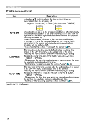 Page 38
38

ItemDescription
AUTO OFF
Using the ▲/▼ buttons adjusts the time to count down to automatically turn the projector off.
Long (max. 99 minutes) ó Short (min. 0 minute = DISABLE)
AUTO OFFENABLE
AUTO OFFDISABLE0
When the time is set to 0, the projector is not turned off automatically.When the time is set to 1 to 99, and when the passed time with no-signal or an unsuitable signal reaches at the set time, the projector lamp will be turned off. If one of the projector's buttons or the remote...