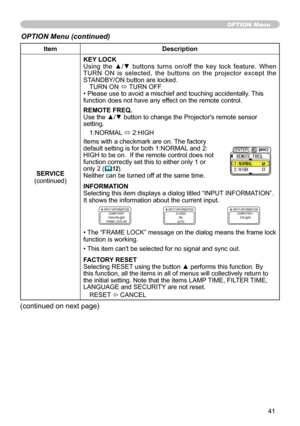 Page 41
4

ItemDescription
SERVICE(continued)
KEY LOCKUsing  the  ▲/▼  buttons  turns  on/off  the  key  lock  feature.  When TURN  ON  is  selected,  the  buttons  on  the  projector  except  the STANDBY/ON button are locked.TURN ON ó TURN OFF• Please use to avoid a mischief and touching accidentally. This function does not have any effect on the remote control.
REMOTE FREQ.Use the ▲/▼ button to change the Projector's remote sensor setting.
1:NORMAL ó 2:HIGH
Items with a checkmark are on. The factory...