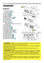 Page 4
4

Part names
Part names
Projector
(1)  Lamp cover (48) The lamp unit is inside.(2) Focus ring (16)(3) Zoom ring (16)(4) Control panel (5)(5) Speaker (32)(6) Elevator knobs (x 2) (16)(7) Elevator feet  (x 2) (16)(8) Lens (13, 51)(9) Lens cover (3)(10) Intake vents(11)   Filter cover (50) The air filter and intake vent are inside.(12) Exhaust vents(13) AC inlet (10)(14) VIDEO port (8)(15) S-VIDEO port (8)(16) Security slot (10)(17) COMPUTER IN1 port (8)(18) Shutdown switch (54)(19)...