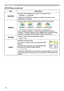 Page 32
3

SETUP Menu
SETUP Menu (continued)
ItemDescription
WHISPER
Using the ▲/▼ buttons turns off/on the whisper mode.
NORMAL ó WHISPER
• When the WHISPER is selected, acoustic noise and screen brightness are reduced.
MIRROR
Using the ▲/▼ buttons switches the mode for mirror status.
NORMAL ó H:INVERT ó V:INVERT ó H&V:INVERT 
If the Transition Detector is TURN ON and MIRROR status is changed, Transition Detector Alarm (46) will be displayed when projector is restarted after the power switch is turned...