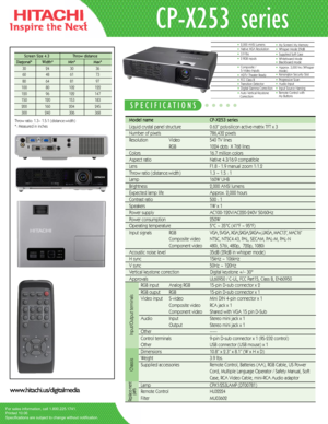 Page 1
Model name  CP-X253 series
Liquid crystal panel structure  0.63” polysilicon active-matrix TFT x 3
Number of pixels 786,432 pixels 
Resolution Video540 TV lines
RGB1024 dots  X 768 lines
Colors16.7 million colors
Aspect ratioNative 4:3/16:9 compatible
Lens F1.8 - 1.9 manual zoom 1:1.2 
Throw ratio (distance:width)1.3 ~ 1.5 : 1 
Lamp 160W UHB 
Brightness 2,000 ANSI lumens 
Expected lamp lifeApprox. 2,000 hours 
Contrast ratio 500 : 1
Speakers 1W x 1
Power supply AC100-120V/AC220-240V 50/60Hz 
Power...