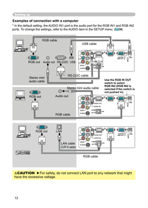 Page 12
12

Setting up
Examples of connection with a computer 
* In the default setting, the AUDIO IN1 port is the audio port for the RGB IN1 and RGB IN2 
ports. To change the settings, refer to the AUDIO item in the SETUP menu. 
(34)
Y R
L
AUDIO IN
2
AUDIO OU
T
CONTROL
RGB IN1
RGB IN2 USB
RGB OUT
AUDIO IN1
VIDE
O
S-VIDEO
CB/PB
CR/PRK
Y R
L
AUDIO IN
2
AUDIO OU
T
CONTROL
RGB IN1
RGB IN2 USB
RGB OUT
AUDIO IN1
VIDE
O
S-VIDEO
CB/PB
CR/PRK
Y R
L
AUDIO IN
2
AUDIO OU
T
CONTROL
RGB IN1
RGB IN2 USB
RGB OUT
AUDIO IN1...