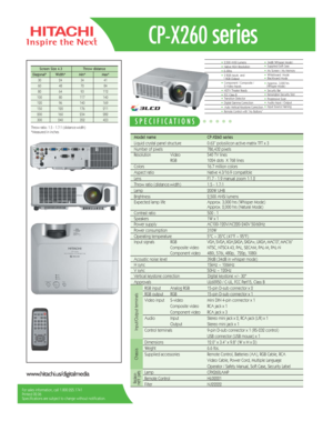 Page 1Model name   CP-X260 series
Liquid crystal panel structure   0.63” polysilicon active-matrix TFT x 3
Number of pixels  786,432 pixels 
Resolution  Video 540 TV lines
RGB 1024 dots  X 768 lines
Colors 16.7 million colors
Aspect ratio Native 4:3/16:9 compatible
Lens  F1.7 - 1.9 manual zoom 1:1.2 
Throw ratio (distance:width) 1.5 - 1.7:1
Lamp 200W UHB 
Brightness  2,500 ANSI lumens 
Expected lamp life Approx. 3,000 hrs (Whisper Mode) 
Approx. 2,000 hrs (Natural Mode)
Contrast ratio  500 : 1
Speakers  1W x...