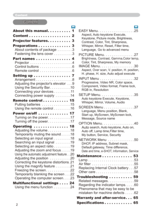 Page 2


About this manual  .  .  .  .  .  .  .  .  .  .1
Content   .  .  .  .  .  .  .  .  .  .  .  .  .  .  .  .  .  .2
Projector features   .  .  .  .  .  .  .  .  .  .3
Preparations   .  .  .  .  .  .  .  .  .  .  .  .  .  .3 
About contents of package . . . . . . . .3 
Fastening the lens cover . . . . . . . . . .3
Part names   .  .  .  .  .  .  .  .  .  .  .  .  .  .  .4 
Projector . . . . . . . . . . . . . . . . . . . . . .4 
Control buttons . . . . . . . . . . . . . . . . .6 
Remote control . . . ....