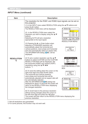 Page 34
34

INPUT Menu
ItemDescription
RESOLUTION
*2The resolution for the RGB and RGB input signals can be set on 
this projector.
(1) In the INPUT menu select RESOLUTION using the ▲/▼ buttons and press the ► button.The RESOLUTION menu will be displayed.
()  In the RESOLUTION menu select the 
resolution you wish to display using the ▲/▼ buttons. Selecting AUTO will set a resolution appropriate to the input signal.
(3) Pressing the ► or Enter button when selecting a STANDARD resolution will...