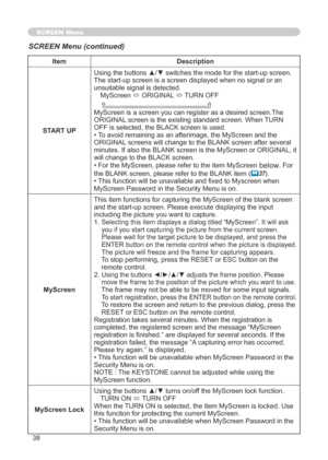 Page 38
38

SCREEN Menu
ItemDescription
START UP
Using the buttons ▲/▼ switches the mode for the start-up screen.
The start-up screen is a screen displayed when no signal or an unsuitable signal is detected.MyScreen ó ORIGINAL ó TURN OFF
    MyScreen is a screen you can register as a desired screen.The ORIGINAL screen is the existing standard screen. When TURN OFF is selected, the BLACK screen is used.• To avoid remaining as an afterimage, the MyScreen and the ORIGINAL screens will change to the BLANK screen...