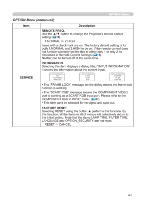 Page 43
43

ItemDescription
SERVICE
REMOTE FREQ.Use the ▲/▼ button to change the Projector's remote sensor setting (16).
:NORMAL 
ó  :HIGH
Items with a checkmark are on. The factory default setting is for 
both :NORMAL and :HIGH to be on. If the remote control does 
not function correctly set the this to either only  or only  as 
described in Remote Control Settings (16).Neither can be turned off at the same time.
INFORMATIONSelecting this item displays a dialog titled “INPUT...