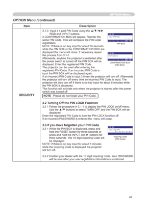 Page 47
47

ItemDescription
SECURITY
3.1-3   Input a 4 part PIN Code using the ▲/▼/◄/►/RGB and INPUT buttons.A CONFIRMATION BOX will appear. Reenter the same PIN Code. This will complete the PIN Code registration.NOTE: If there is no key input for about 55 seconds while the PIN BOX or the CONFIRMATION BOX are displayed the menu will close. If necessary repeat 
the process from 3.-.
Afterwards, anytime the projector is restarted after the power switch is turned off the PIN BOX will be displayed. Enter...