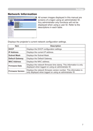 Page 73


Settings
Network Information
All screen images displayed in this manual are 
screens of a logon using an administrator ID.
Any administrator only functions will not be 
displayed when using a user ID. Refer to the 
descriptions in each table.
Displays the projector’s current network configuration settings.
ItemDescription
DHCPDisplays the DHCP configuration settings.
IP AddressDisplays the current IP address.
Subnet MaskDisplays the Subnet Mask.
Default GatewayDisplays the Default Gateway.
MAC...