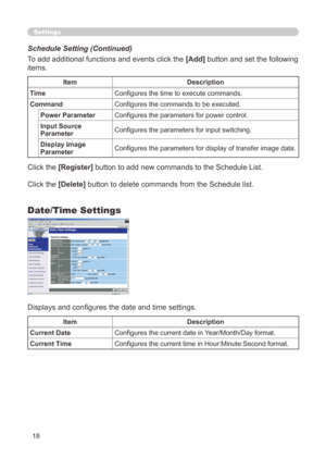 Page 84


Settings
To add additional functions and events click the [Add] button and set the following 
items.
ItemDescription
TimeConfigures the time to execute commands.
CommandConfigures the commands to be executed.
Power ParameterConfigures the parameters for power control.
Input Source ParameterConfigures the parameters for input switching.
Display Image ParameterConfigures the parameters for display of transfer image data.
Click the [Register] button to add new commands to the Schedule List....