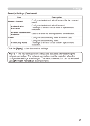 Page 87


Click the [Apply] button to save the settings.
Authentication Password
Configures the Authentication Password.The length of the text can be up to 16 alphanumeric characters.
Re-enter Authentication PasswordUsed to re-enter the above password for verification.
SNMPConfigures the community name if SNMP is used.
Community NameConfigures the community name.The length of the text can be up to 64 alphanumeric characters.
• The new configuration settings are activated after restarting the 
network...