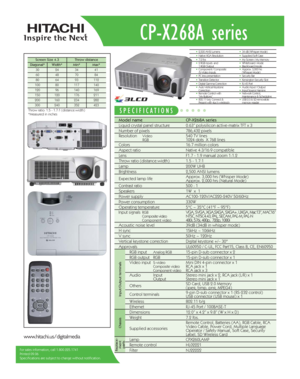 Page 1  CP-X268A series
   2,500 ANSI Lumens     34 dB (Whisper Mode)   Native XGA Resolution     Supplied Soft Case 7.2 lbs     My Screen / My Memory
    2 RGB inputs  and 
1 RGB Output    Whiteboard  Mode
   Blackboard Mode   Component / Composite 
/S-Video Inputs    Approx. 3,000 hrs
(Whisper Mode)
 
   PC less presentation  Security Bar   Transition  Detector     Kensington Security Slot   Digital Gamma Correction    RJ-45 Port
    Auto Vertical Keystone
Correction  Audio Input / Output Input Source...