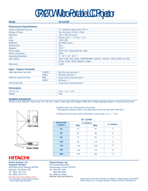 Page 2Model
Performance SpecificationsLiquid crystal panel structureNumber of PixelsResolutionLensLampBrightnessContrast ratioSpeakersPower supplyPower consumptionOperating temperatureInput signalsNoise levelInput / Output TerminalsVideo signal input terminals S-VIDEOVIDEORGB input signal terminals RGBAUDIOControl terminalsDimensions( W x H x D )WeightSupplied AccessoriesRemote control, Batteries, Power cord ( U.S., UK, Euro ), Video / audio cable, MAC adaptor, RGB cable, Multiple language operator’s manual...