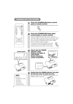 Page 1716
VIDEO
ASPECT
MUTE
KEYSTONE FREEZEOFFON
MENU POSITION
ENTER
ESC RESET
VOLUME
MAGNIFY
AUTO BLANK RGB SEARCH
STANDBY/ON
1Press the STANDBY/ON button (control
panel or remote control)
The message Power off? will appear on the screen for approximately 5 seconds. 
3Check that the POWER
indicator stops
blinking and lights to
solid orange.
Switch the power
switch to [O] (OFF).
4Confirm that the POWER indicator has gone
off and then close the slide lens door.
When the projector has completed powering down,...