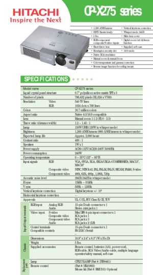 Page 1CP-X275 series
Model name   CP-X275 series
Liquid crystal panel structure   0.7” polysilicon active-matrix TFT x 3
Number of pixels  786,432 pixels (H1,024 x V768)
Resolution  Video 540 TV lines
RGB 1024 dots x 768 lines
Colors 16.7 million colors
Aspect ratio Native 4:3/16:9 compatible
Lens  Manual zoom 1:1.2 (F2.0 - 2.3)
Throw ratio (distance:width) 1.2 ~ 1.45 : 1 
Lamp  150W UHB (130W in whisper mode)
Brightness  1,200 ANSI lumens (960 ANSI lumens in whisper mode)
Expected lamp life Approx. 2,000...