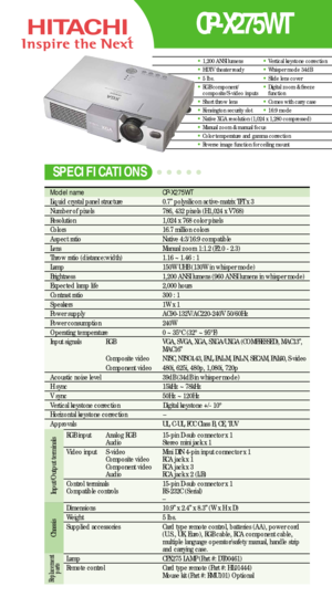 Page 1CP-X275WT
Model name   CP-X275WT 
Liquid crystal panel structure   0.7” polysilicon active-matrix TFT x 3
Number of pixels  786, 432 pixels (H1,024 x V768)
Resolution  1,024 x 768 color pixels
Colors 16.7 million colors
Aspect ratio Native 4:3/16:9 compatible
Lens  Manual zoom 1:1.2 (F2.0 - 2.3)
Throw ratio (distance:width) 1.16 ~ 1.46 : 1 
Lamp  150W UHB (130W in whisper mode)
Brightness  1,200 ANSI lumens (960 ANSI lumens in whisper mode)
Expected lamp life 2,000 hours
Contrast ratio  300 : 1
Speakers...