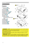 Page 4
4

Part names
Part names
Projector
(1)  Lamp cover (51) 
The lamp unit is inside.
(2) Focus ring (18)
(3) Zoom ring (18)
(4) Control panel (5)
(5) Elevator buttons (x 2) (18)
(6) Elevator feet  (x 2) (18)
(7) Remote sensor (13)
(8) Lens (18, 54)
(9) Lens cover (3)
(10) Intake vents
(11)   Filter cover (53) 
The air filter and intake vent are 
inside.
(12) Speaker (35)
(13) Exhaust vent
(14) AC inlet (12)
(15) Power switch (15)
(16) Rear panel (5)
(17) Security bar (12)
(18) Security slot...