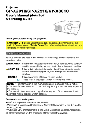 Page 11
Projector
CP-X2010/CP-X2510/CP-X3010
User's Manual (detailed)  
Operating Guide
Thank you for purchasing this projector.
►Before using this product, please read all manuals for this 
product. Be sure to read “Safety Guide” first. After reading them, store them in a 
safe place for future reference. WARNING
• The information in this manual is subject to change without notice.
• The manufacturer assumes no responsibility for any errors that may appear in 
this manual.
• The reproduction, transfer or...