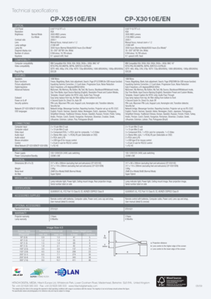 Page 6HITACHI DIGITAL MEDIA, Hitachi Europe Ltd, Whitebrook Park, Lower Cookham Road, Maidenhead, Berkshire  SL6 8YA,  United Kingdom
Tel: +44 (0)1628 585 000   Fax: +44 (0)1628 585 500   www.hitachidigitalmedia.com
*The stated lamp life refers to the average life expected in ideal operating conditions with usage in accordance with the manual. The majority of, but not all lamps should achieve this figure.
The specification above and photography is for reference only and may be subject to change.05/09
Technical...