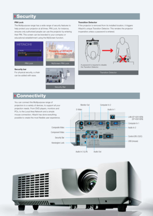 Page 5You can connect the Multipurpose range of
projectors to a variety of devices, to support all your
projection needs. From DVD players, monitors and
PCs, to the Local Area Network and a simple
mouse connection, Hitachi has done everything
possible to create the most flexible user experience. 
Computer In 2 Monitor Out
Audio In 1
LAN (CP-X2510EN)
(CP-X3010EN)
Audio In 2
Computer In 1
USB (mouse) S-Video
Composite Video
Component Video
Audio In 3 (L/R) Audio Out
Security Bar
Kensington Lock
Control...