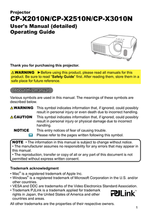 Page 11
Projector
CP-X2010N/CP-X2510N/CP-X3010N
User's Manual (detailed)  
Operating Guide
Thank you for purchasing this projector.
►Before using this product, please read all manuals for this 
product. Be sure to read “Safety Guide” first. After reading them, store them in a 
safe place for future reference. WARNING
• The information in this manual is subject to change without notice.
• The manufacturer assumes no responsibility for any errors that may appear in 
this manual.
• The reproduction, transfer...