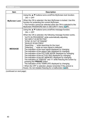 Page 4040
SCREEN menu
ItemDescription
MyScreen Lock Using the ▲/▼ buttons turns on/off the MyScreen lock function.
ON  ó OFF
When the ON is selected, the item MyScreen is locked. Use this 
function for protecting the current MyScreen.
• This function cannot be selected when the ON is selected to the 
MyScreen PASSWORD item in SECURITY menu (
 57).
MESSAGE Using the ▲/▼ buttons turns on/off the message function.
ON  ó OFF
When the ON is selected, the following message function works. “AUTO IN PROGRESS” while...