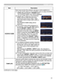 Page 4141
SCREEN menu
ItemDescription
SOURCE NAME Each input port for this projector can have a name applied to it.
(1)  
Use the ▲/▼ buttons on the SCREEN menu to select SOURCE 
NAME and press the ► or ENTER button.  
The SOURCE NAME menu will be displayed.
(2)   Use the ▲/▼ buttons on the SOURCE 
NAME menu to select the port to be 
named and press the ► button. Right 
side of the menu is blank until a name is 
specified.  
The SOURCE NAME dialog will be 
displayed.
(3)   The current name will be displayed on...