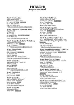 Page 115
HitachiAmerica, Ltd.Digital Media Division
900 Hitachi way, Chula Vista
CA 91914-3556   USA    CANADA
Tel: +1 -800-225-1741
Fax: +1 -619-591-5418
► http://www.hitachi-america.us/digitalmedia
Hitachi Europe Ltd., ConsumerAffairs
Department
PO Box 3007
Maidenhead
Berkshire SL6 8ZE   UNITED KINGDOM
Tel:  0844 481 0297
Email: consumer.mail@hitachi-eu.com
Hitachi Europe S.A.S., Digital Media Group77 Rue Alexandre Dumas
69120 Vaulx en Velin   FRANCE
Tel: 04 37 42 84 30  
Email:...