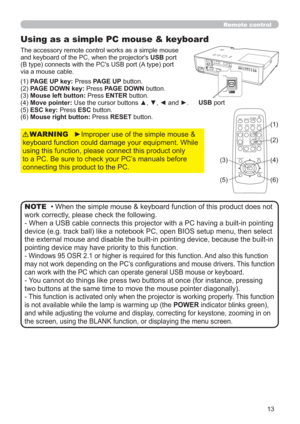 Page 2213
Remote control
Using as a simple PC mouse & keyboard
The accessory remote control works as a simple mouse 
and keyboard of the PC, when the projectors USB port 
(B type) connects with the PCs USB port (A type) port 
via a mouse cable.
(1)
(3)
(5)(2)
(4)
(6)
VIDEODOC.CAMERA
KEYSTONE
ASPECT SEARCH
BLANK
MUTE
MY BUTTON
POSITION
12
ESCENTERMENURESET
COMPUTERMY SOURCE/AUTOMAGNIFYPAGE
      UPVOLUME
DOWNo ONOFF9× FREEZE
(1) PAGE UP key: Press PAGE UP button.
(2) PAGE DOWN key: Press PAGE DOWN button.
(3)...