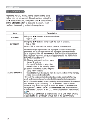 Page 4738
AUDIO menu
AUDIO menu
From the AUDIO menu, items shown in the table 
below can be performed. Select an item using the 
▲/▼ cursor buttons, and press the ► cursor button 
or the ENTER button to execute the item. Then 
perform it according to the following table.
Item Description
VOLUMEUsing the ◄/► buttons adjusts the volume.
High 
Ù Low
SPEAKERUsing the ▲/▼ buttons turns on/off the built-in speaker.
ON 
Ù OFF
When OFF is selected, the built-in speaker does not work.
AUDIO SOURCE
While the image signal...