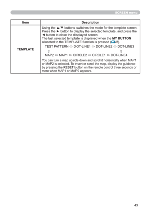 Page 5243
SCREEN menu
Item Description
TEMPLATEUsing the ▲/▼ buttons switches the mode for the template screen. 
Press the ► button to display the selected template, and press the 
◄ button to close the displayed screen.
The last selected template is displayed when the MY BUTTON 
allocated to the TEMPLATE function is pressed (
	47).
TEST PATTERN 
Ù DOT-LINE1 
Ù DOT-LINE2 
Ù DOT-LINE3
     
Ú                                                                              
Ú
MAP
 
Ù MAP1 
Ù CIRCLE2 
Ù CIRCLE1 
Ù...