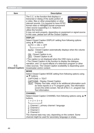 Page 5344
SCREEN menu
Item Description
C.C.
(Closed Caption)The C.C. is the function that displays a 
transcript or dialog of the audio portion of 
a video, les or other presentation or other 
relevant sounds. It is required to have NTSC 
format video or 480i@60 format component 
video source supporting C.C. feature to 
utilize this function.
It may not work properly, depending on equipment or signal source. 
In this case, please turn off the Closed Caption.
DISPLAY
Select Closed Caption DISPLAY setting from...