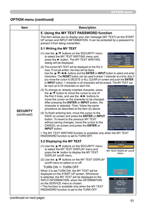 Page 51
5

ItemDescription
SECURITY(continued)
5. Using the MY TEXT PASSWORD function
This item allows you to display your own message (MY TEXT) on the START UP screen and INPUT-INFORMATION. It can be protected by a password to prevent it from being overwritten.
5.1 Writing the MY TEXT
(1)   Use the ▲/▼ buttons on the SECURITY menu to select the MY TEXT WRITING menu and press the ► button. The MY TEXT WRITING dialog will be displayed.
(2)  The current MY TEXT will be displayed on the first 3 lines. If not...