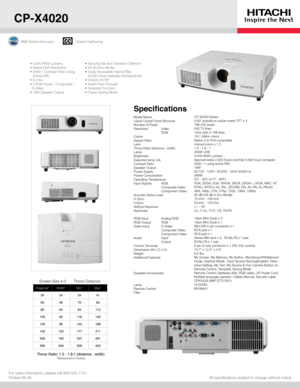 Page 1All specifications subject to change without notice
For sales information, please call 800.225.1741
Printed 06.09
Diagonal*
Width*Min*Max*
30 243441
60 487083
80 649411 2
100 8011 8 140
120 96142 168
150 120177 2 11
200 160237281
300 240356422
Screen Size 4:3 Throw Distance
Throw Ratio: 1.5 - 1.8:1 (distance : width)*Measured in inches
Model Name
Liquid Crystal Panel Structure
Number of Pixels
Resolution Video
    RGB
Colors
Aspect Ratio
Lens
Throw Ratio (distance : width)
Lamp
Brightness
Expected lamp...