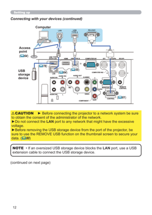 Page 1212
Setting up
Connecting with your devices (continued)
Computer
Access 
point
USB 
storage 
device
(64)
(78)
(64)
(55)
(61)
(continued on next page)
• If an oversized USB storage device blocks the LAN port, use a USB 
extension cable to connect the USB storage device.NOTE
► Before connecting the projector to a network system be sure 
to obtain the consent of the administrator of the network.
►Do not connect the LAN port to any network that might have the excessive 
voltage.
►Before removing the USB...
